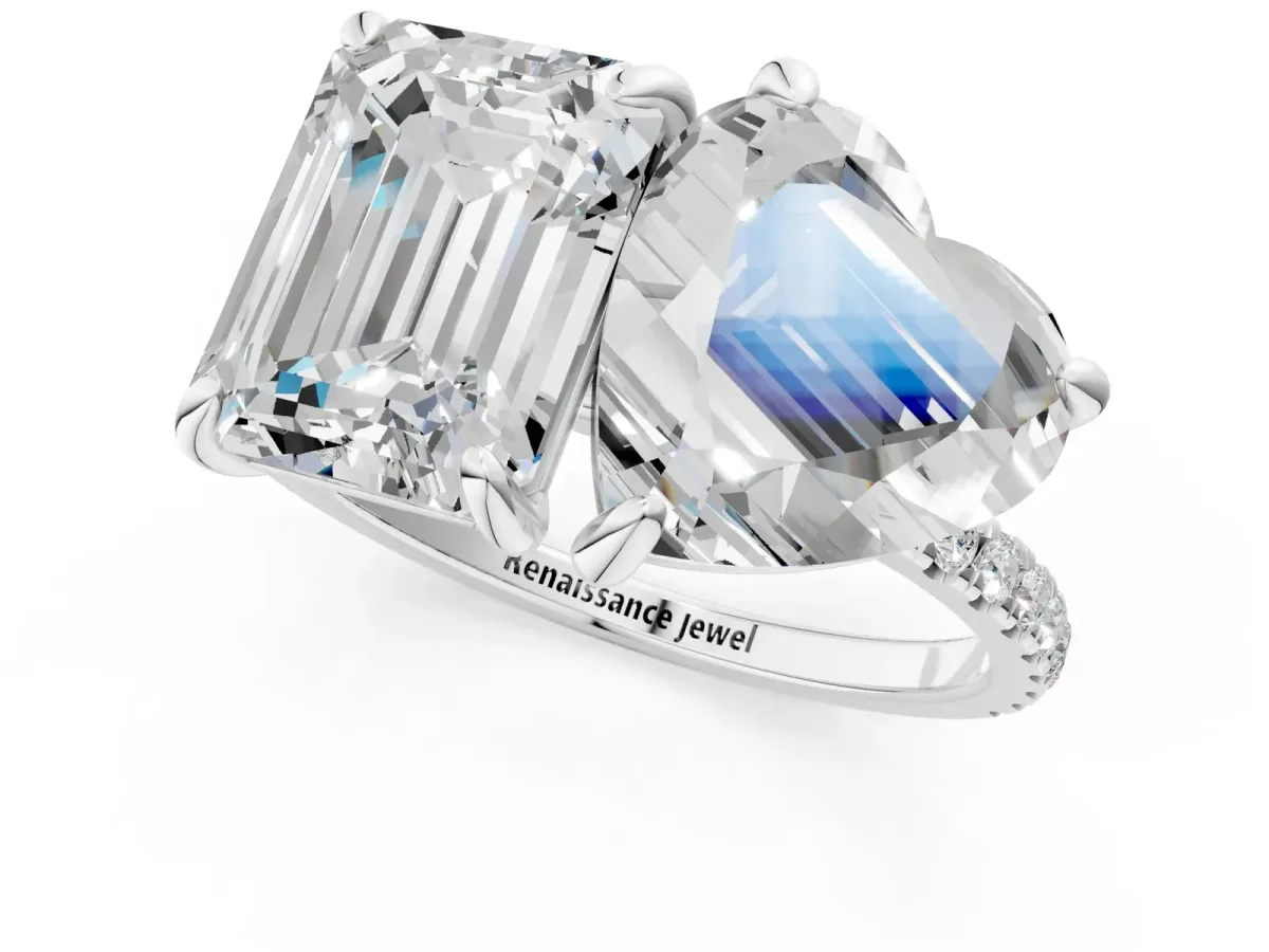 Emerald and Heart Toi Moi Ring with Prong Setting and Micro Pave Band Silver