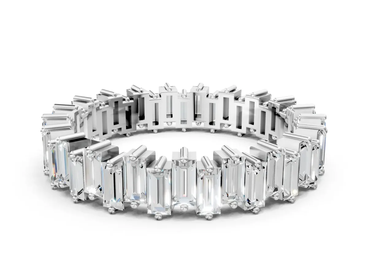 Baguette Diamond Full Eternity Ring with Prong Setting Silver