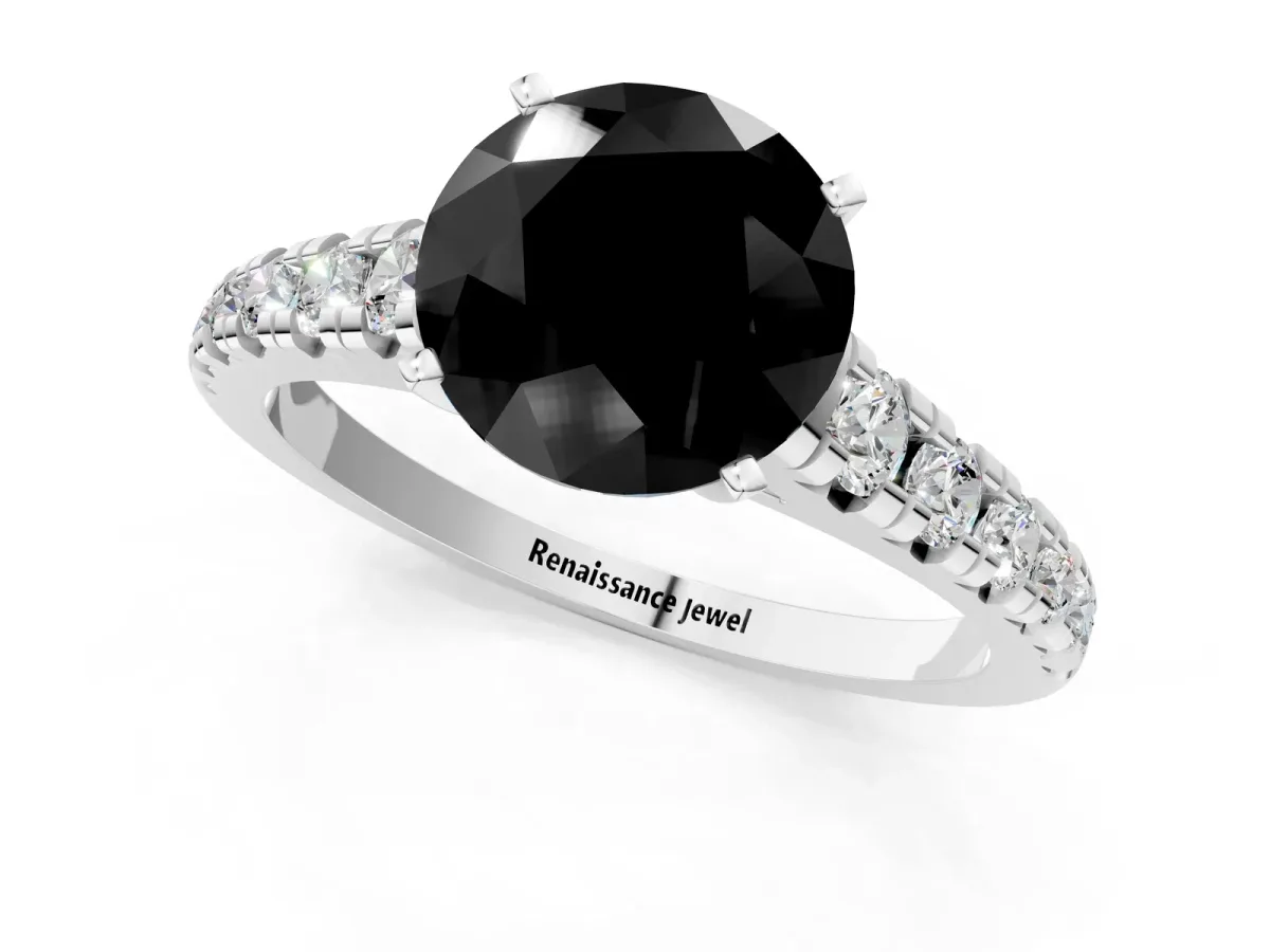 Fancy Black Round Cut Diamond Cathedral Solitaire Ring with Round Pavé Band Silver