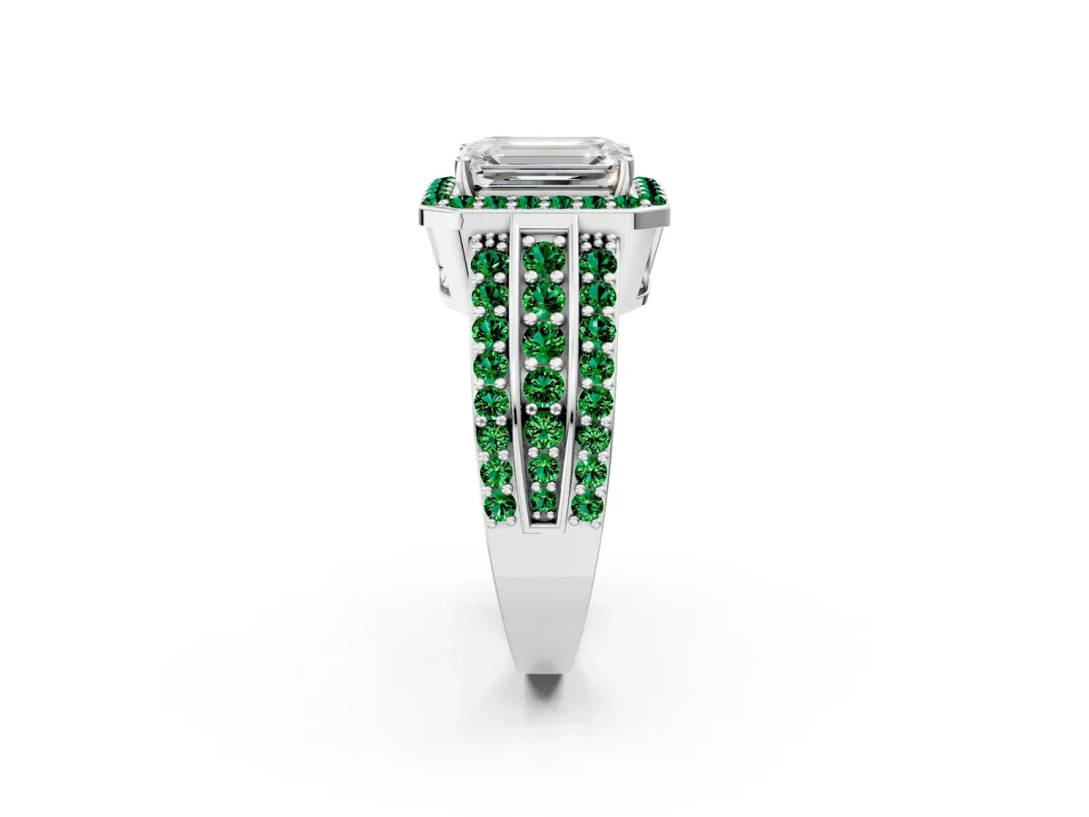 Emerald Cut Halo Diamond Ring with Round Emerald Split Shank and Prong Setting White gold