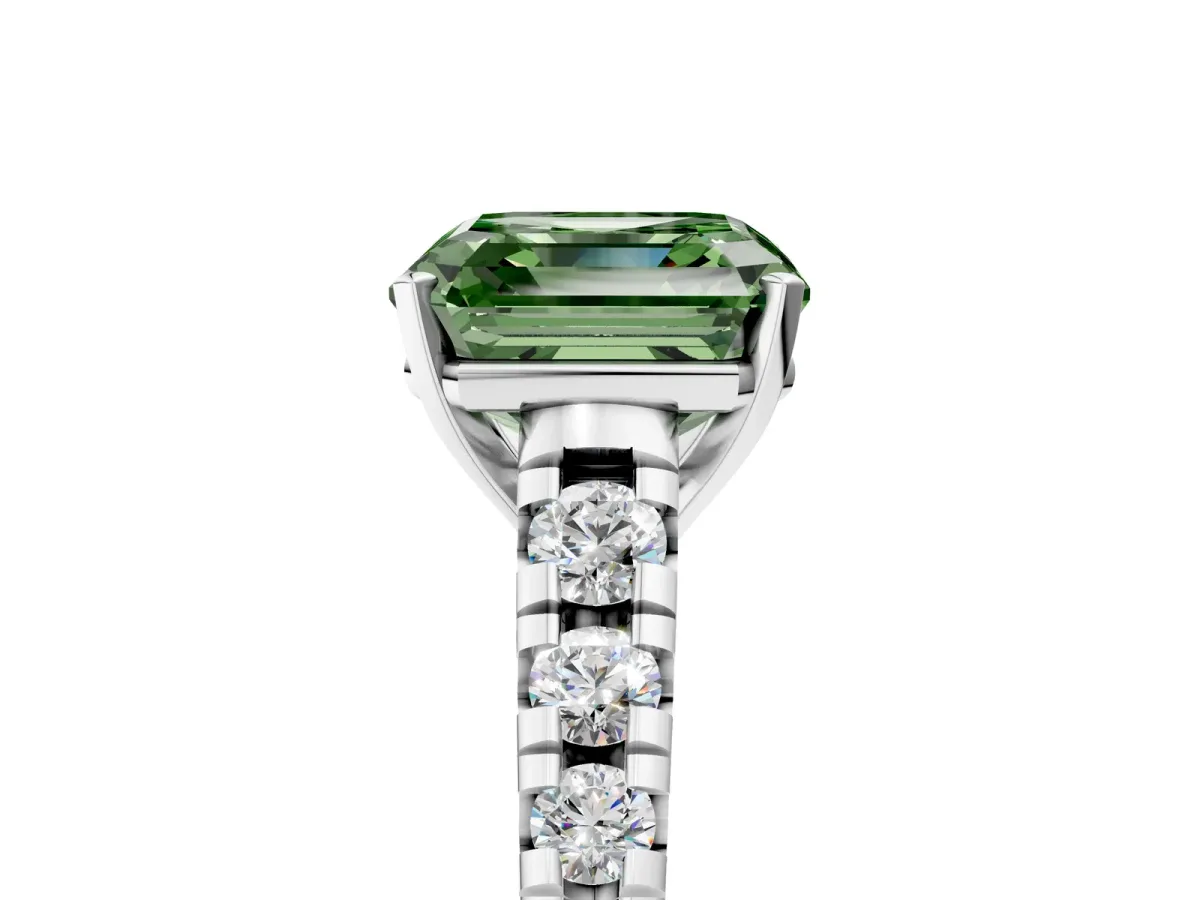 Fancy Green Asscher Cut Diamond Cathedral Solitaire Ring with Round Pavé Band Silver