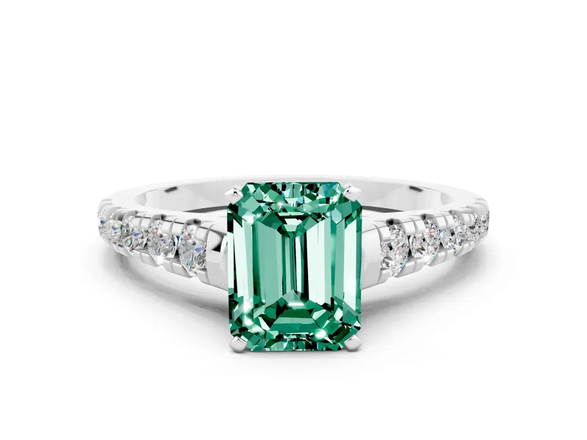 Emerald Cut Green Sapphire Cathedral Solitaire Ring with Round Pavé Band Silver