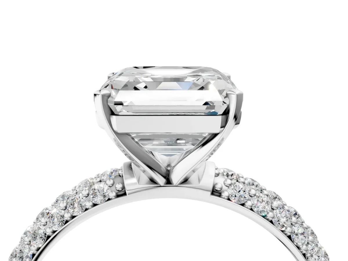 Asscher Cut Diamond Solitaire Ring with Prong Setting and Pavé Band Platinum