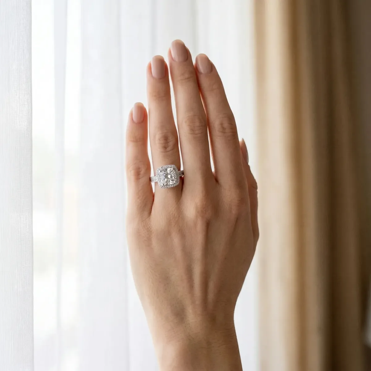 Cushion Cut Diamond Double Halo Ring with Split Shank and Four-Prong Setting White gold