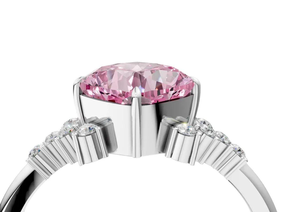 Fancy Pink Cushion Cut Diamond Ring with Side Stones and Four-Prong Setting Silver