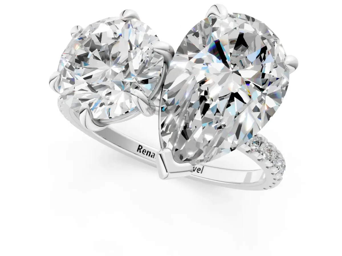 Round and Pear Toi Moi Ring with Prong Setting and Pave Band Silver