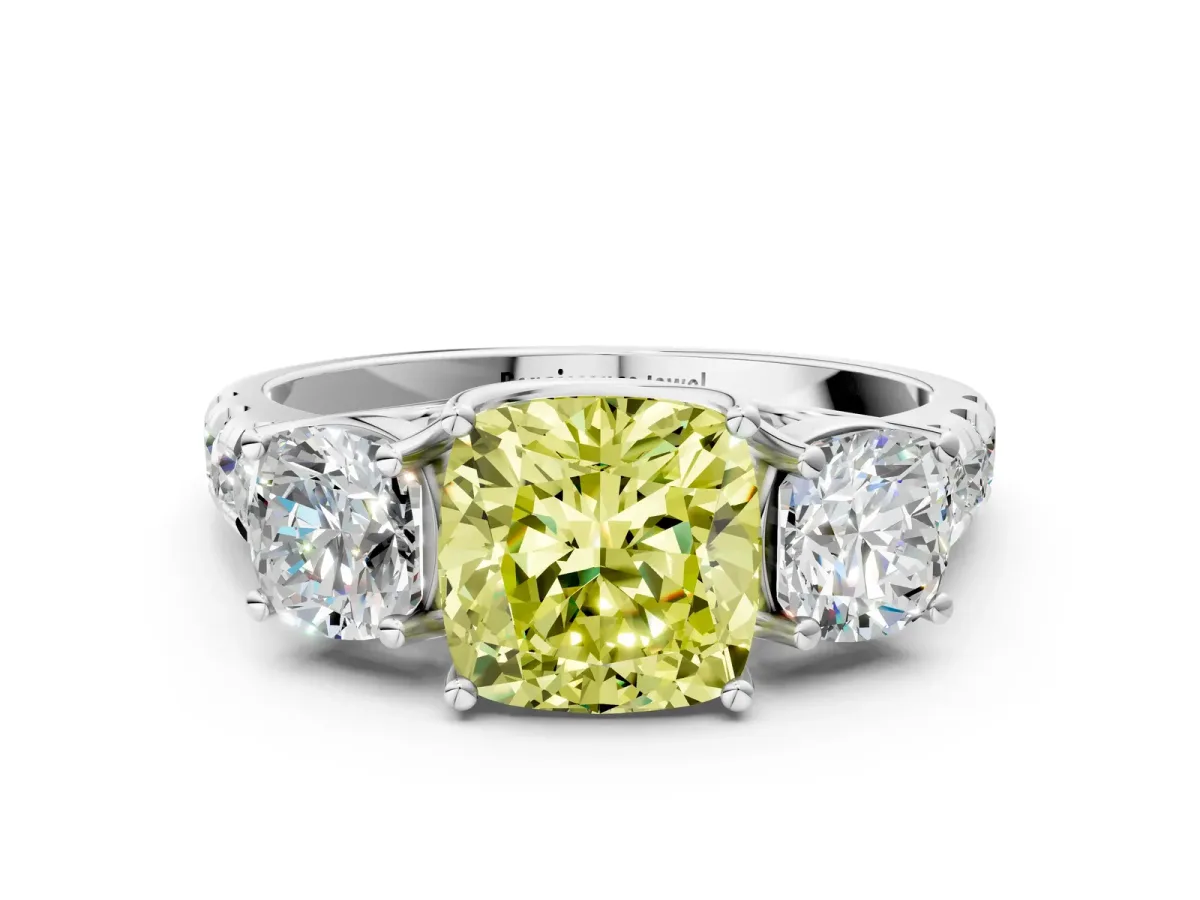 Fancy Yellow Three-Stone Cushion Cut Diamond Pavé Band with Prong Setting Platinum