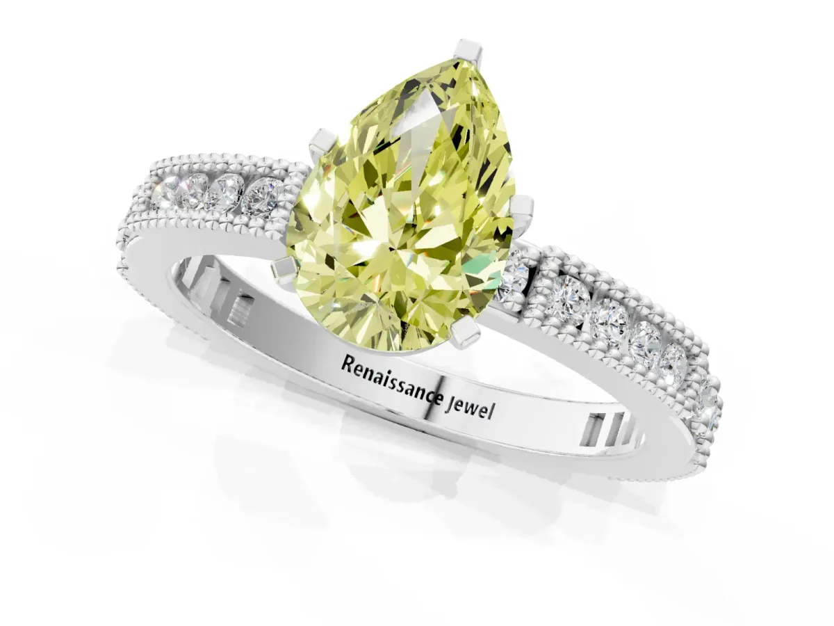 Fancy Yellow Pear Cut Solitaire with Pavé Band and Four-Prong Setting Silver