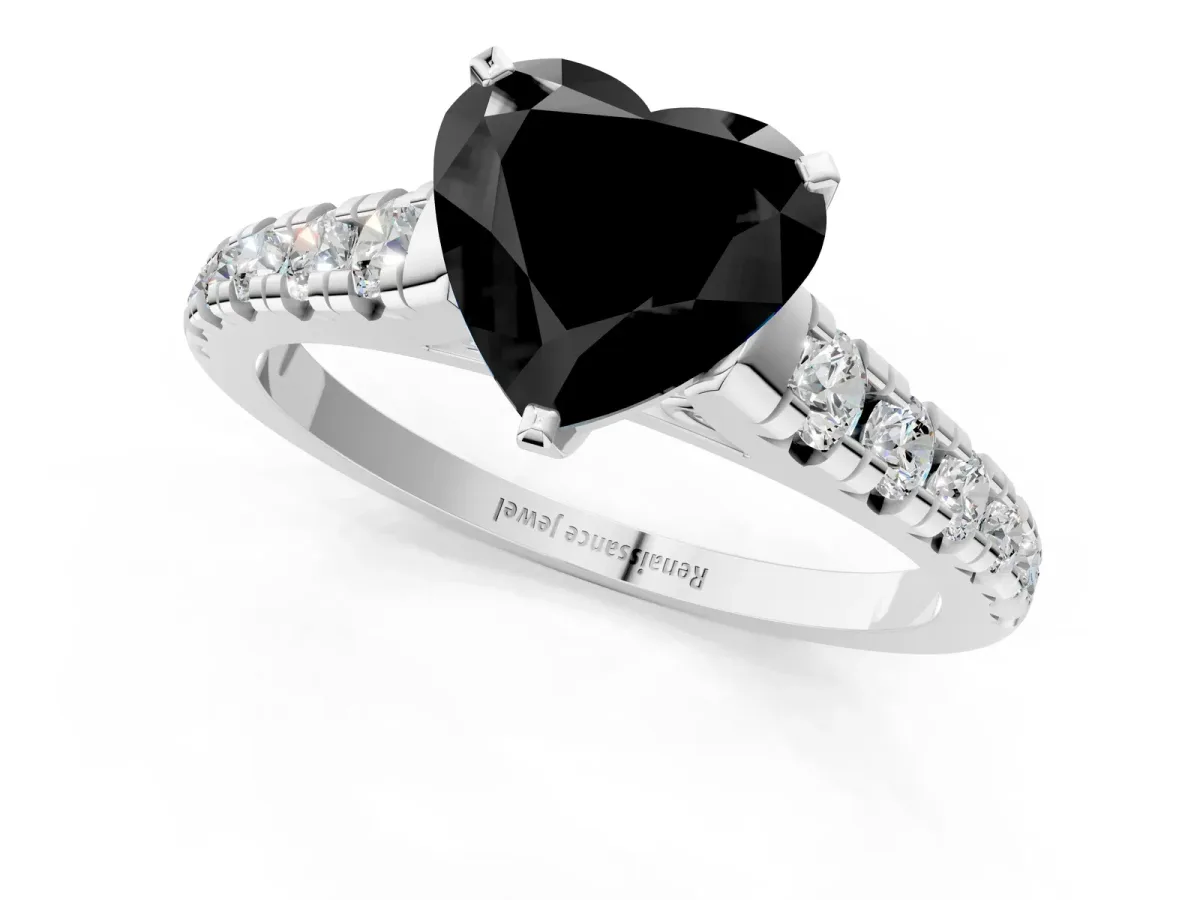 Fancy Black Heart Cut Diamond Cathedral Solitaire Ring with Round Pavé Band Silver
