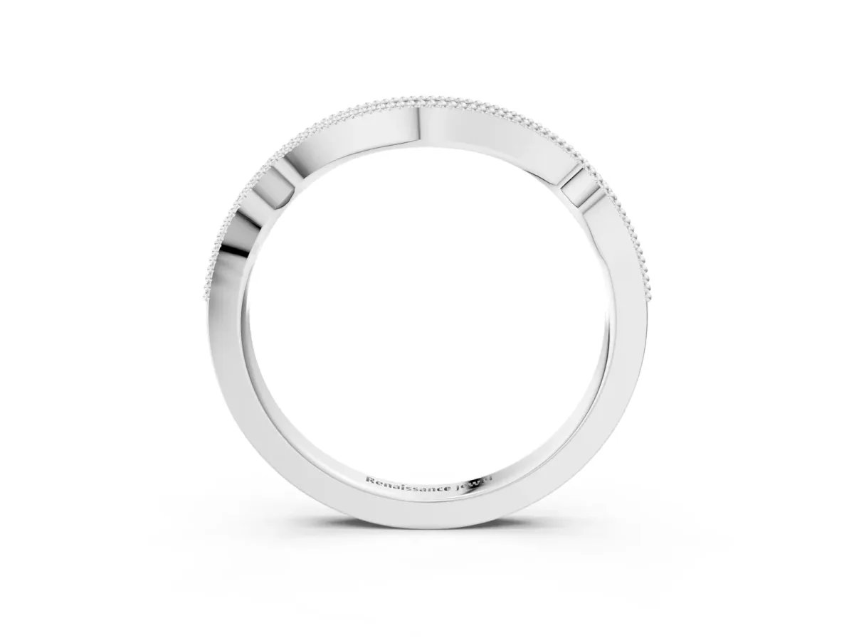 Pavé Round Diamond Curved Milgrain Band Silver