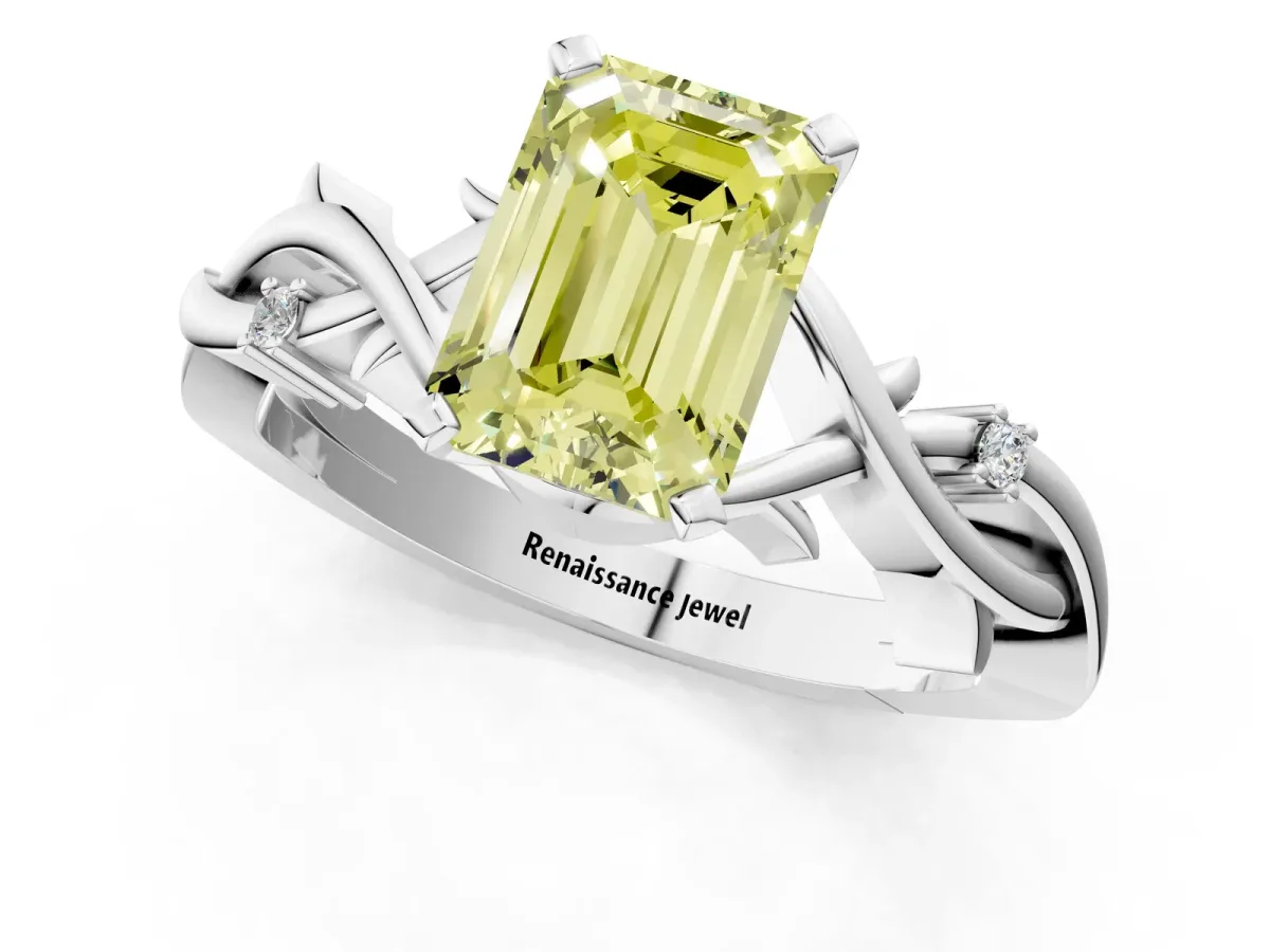 Fancy Yellow Emerald Cut Diamond Solitaire Ring with Twisted Band and Prong Setting White gold