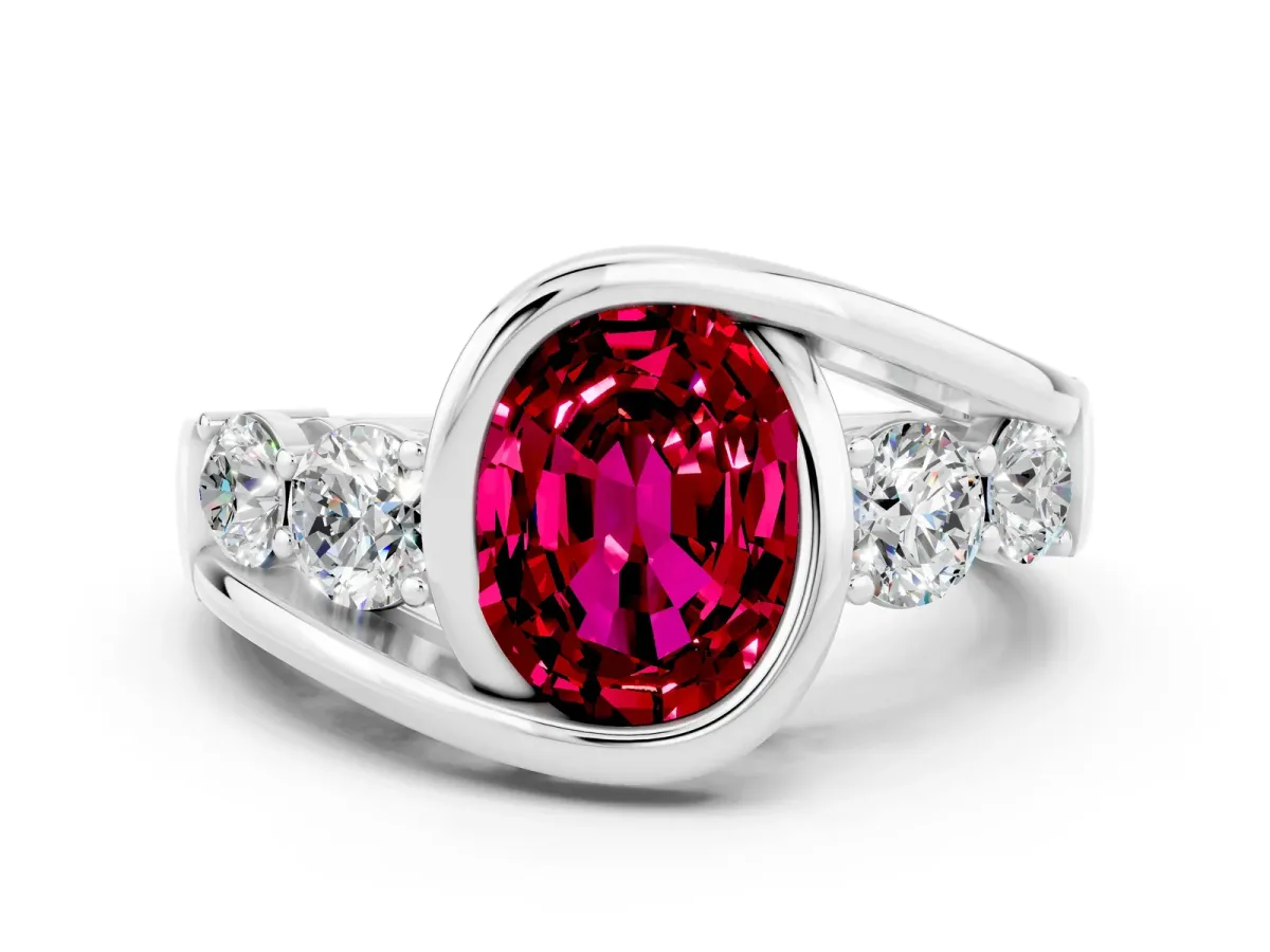 Bezel Set Oval Cut Garnet Bypass Ring with Round Accents Silver