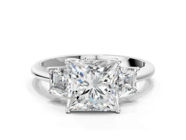 Princess Cut Diamond Three-Stone Ring with Trapezoid Side Stones and Prong Setting Platinum