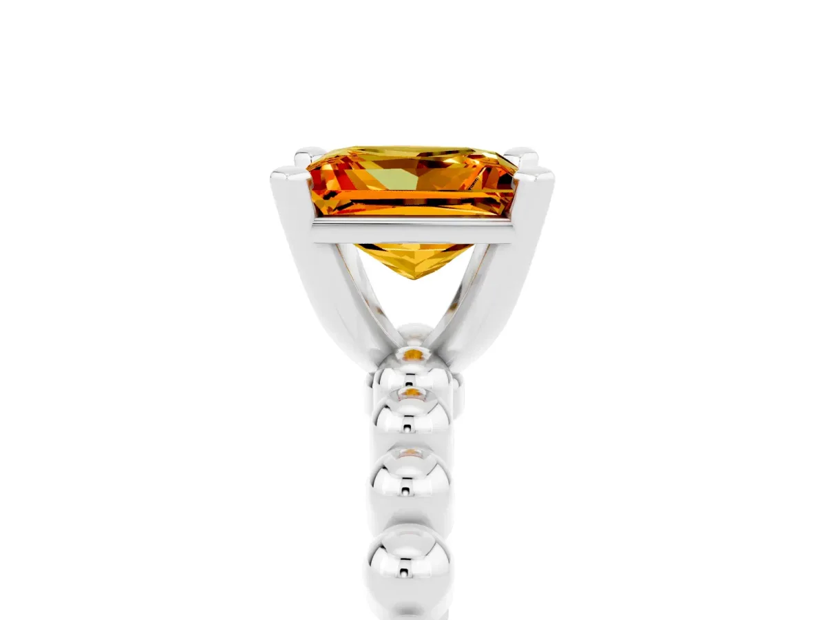 Princess Cut Citrine Solitaire Ring with Beaded Band and Prong Setting Silver
