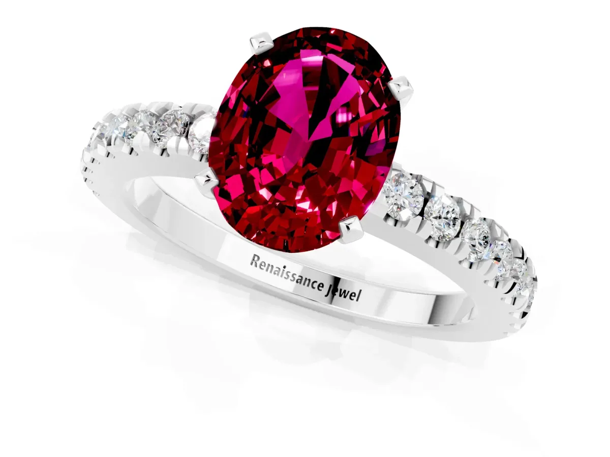 Oval Cut Solitaire Garnet with Pavé Band and Four-Prong Setting Silver