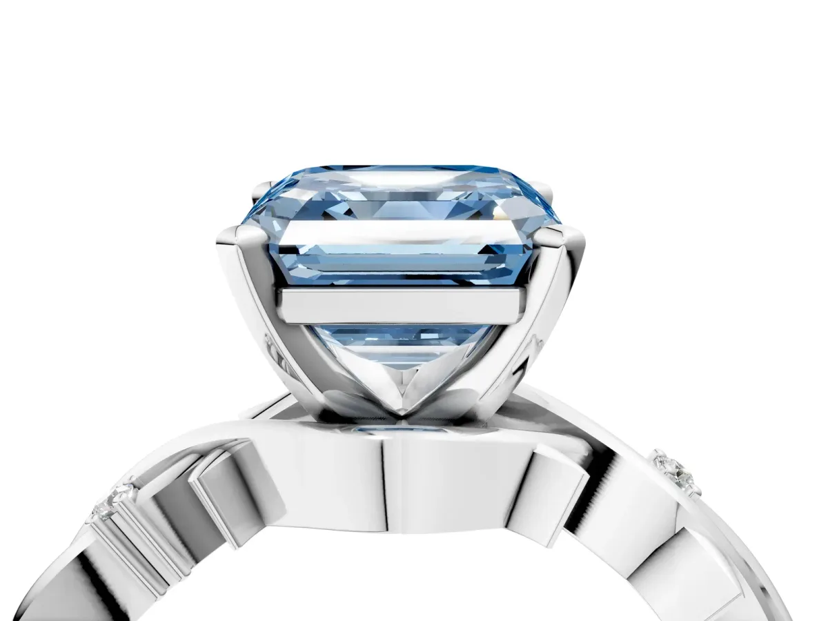 Fancy Blue Asscher Cut Diamond Solitaire Ring with Twisted Band and Prong Setting Silver