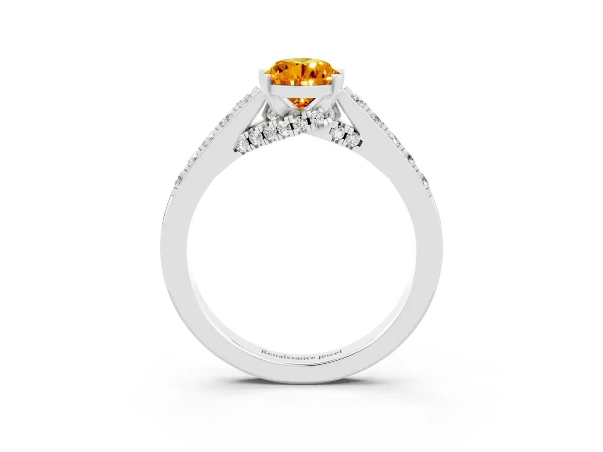 Pear Cut Citrine Solitaire Ring with Crossover Gallery and Round Pavé Band Silver