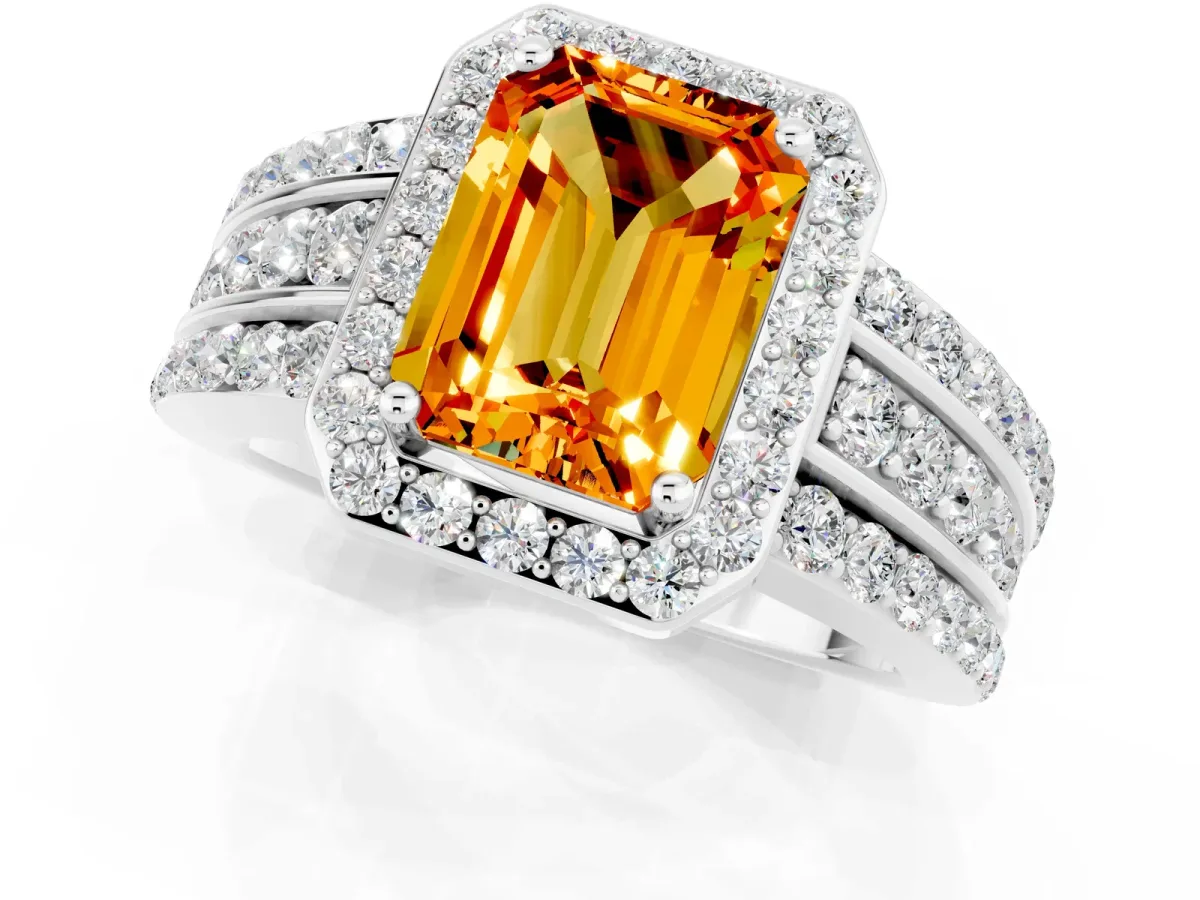 Emerald Cut Halo Citrine Ring with Round Split Shank and Prong Setting Platinum
