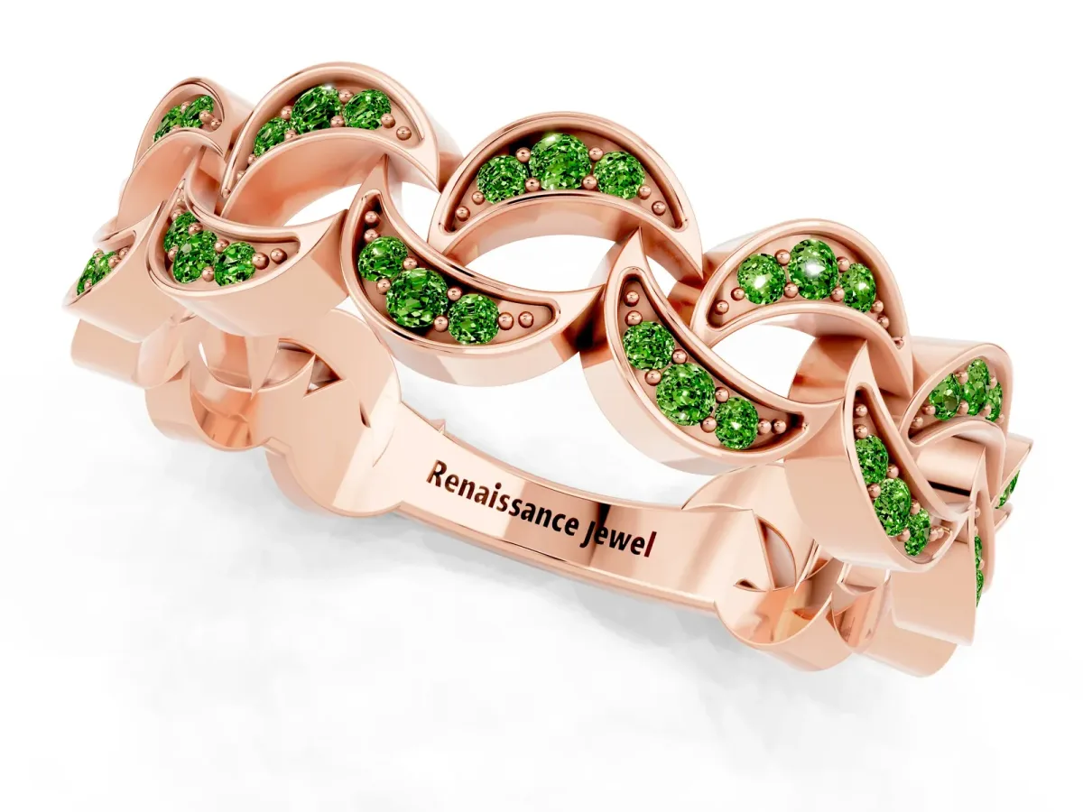 Pavé Round Peridot Interlocking Eternity Band with Bezel Prong Setting Rose gold