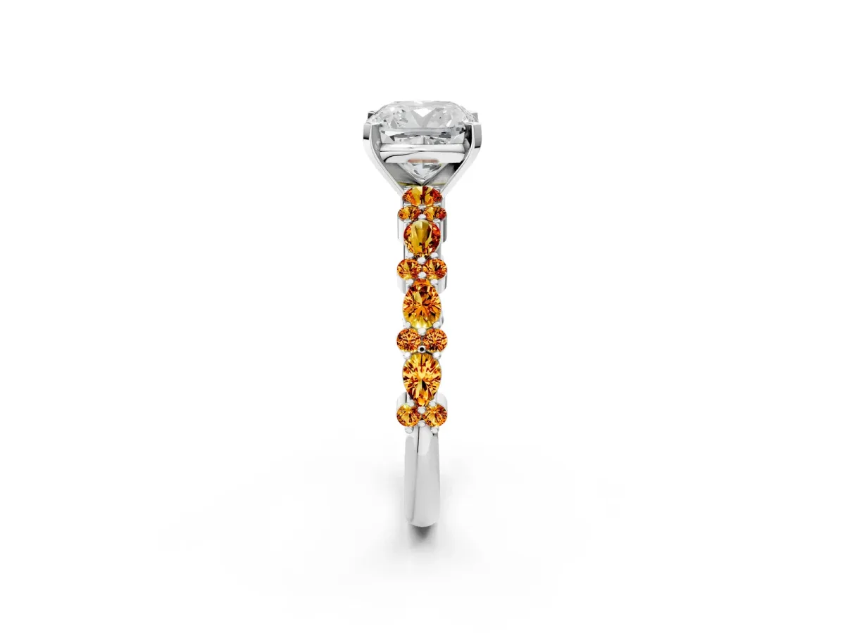 Cushion Cut Diamond Side Stone Solitaire Ring with Round Citrine and Four-Prong Setting Platinum