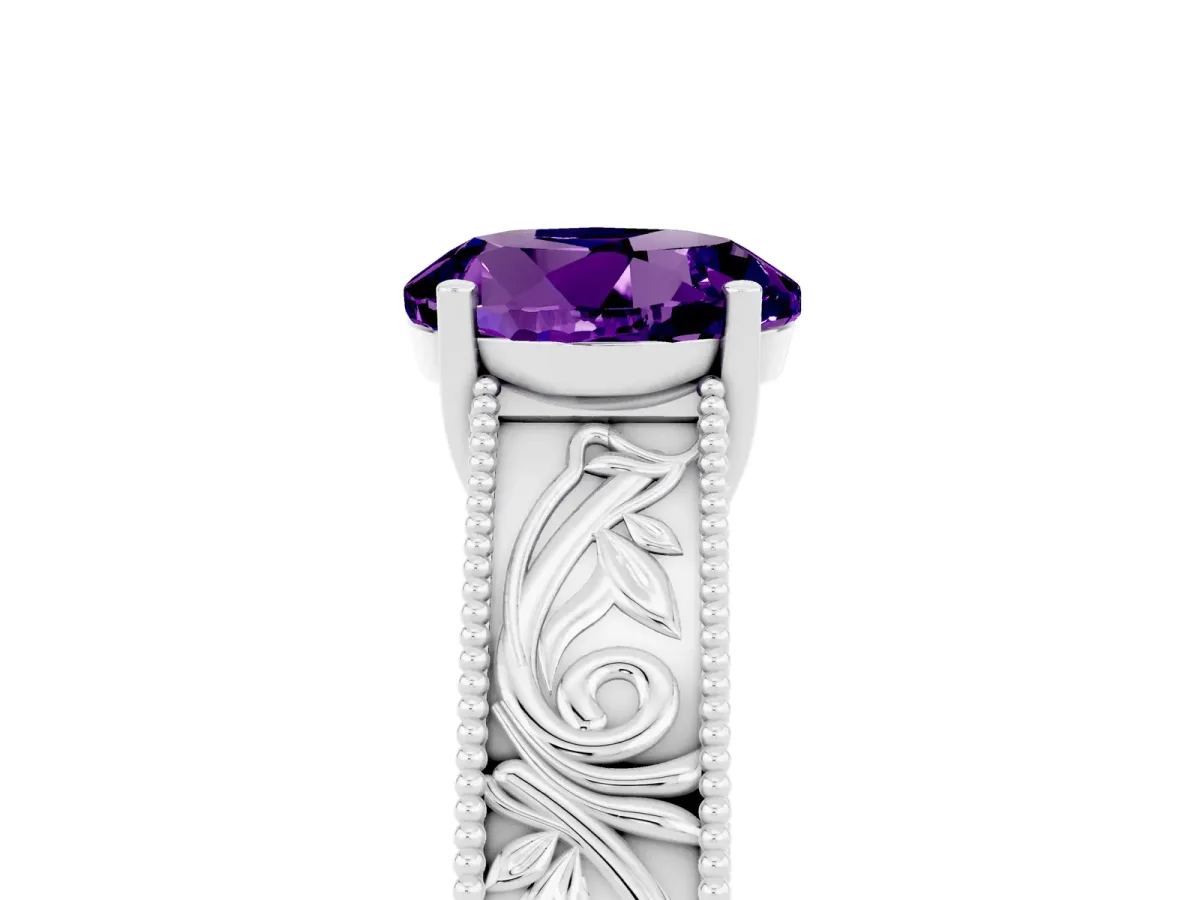 Round Cut Amethyst Solitaire Ring with Engraved Band and Four-Prong Setting White gold