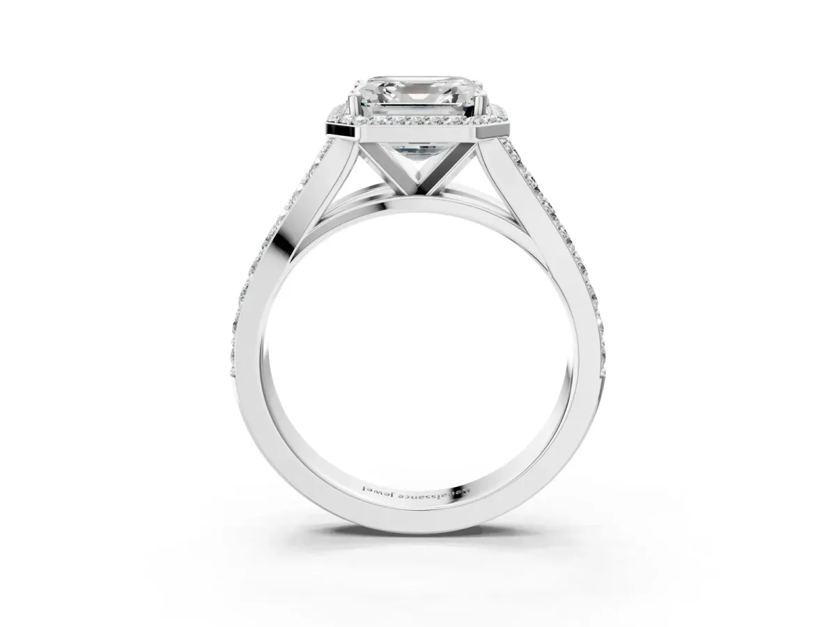 Asscher Cut Diamond Split Shank Halo Ring with Four-Prong Setting Platinum