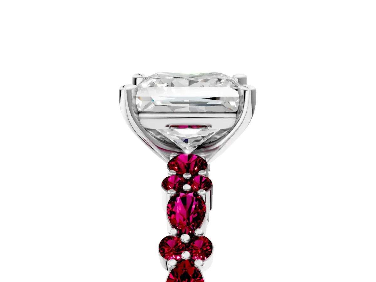 Princess Cut Diamond Side Stone Solitaire Ring with Round Garnet and Four-Prong Setting Platinum