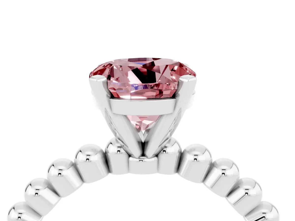 Round Cut Morganite Solitaire Ring with Beaded Band and Prong Setting Platinum