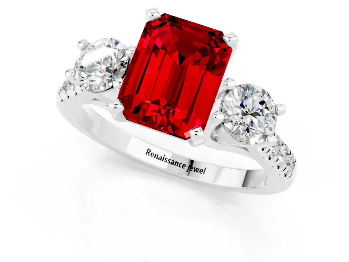 Three-Stone Emerald Cut Ruby Pavé Band with Four-Prong Setting Silver