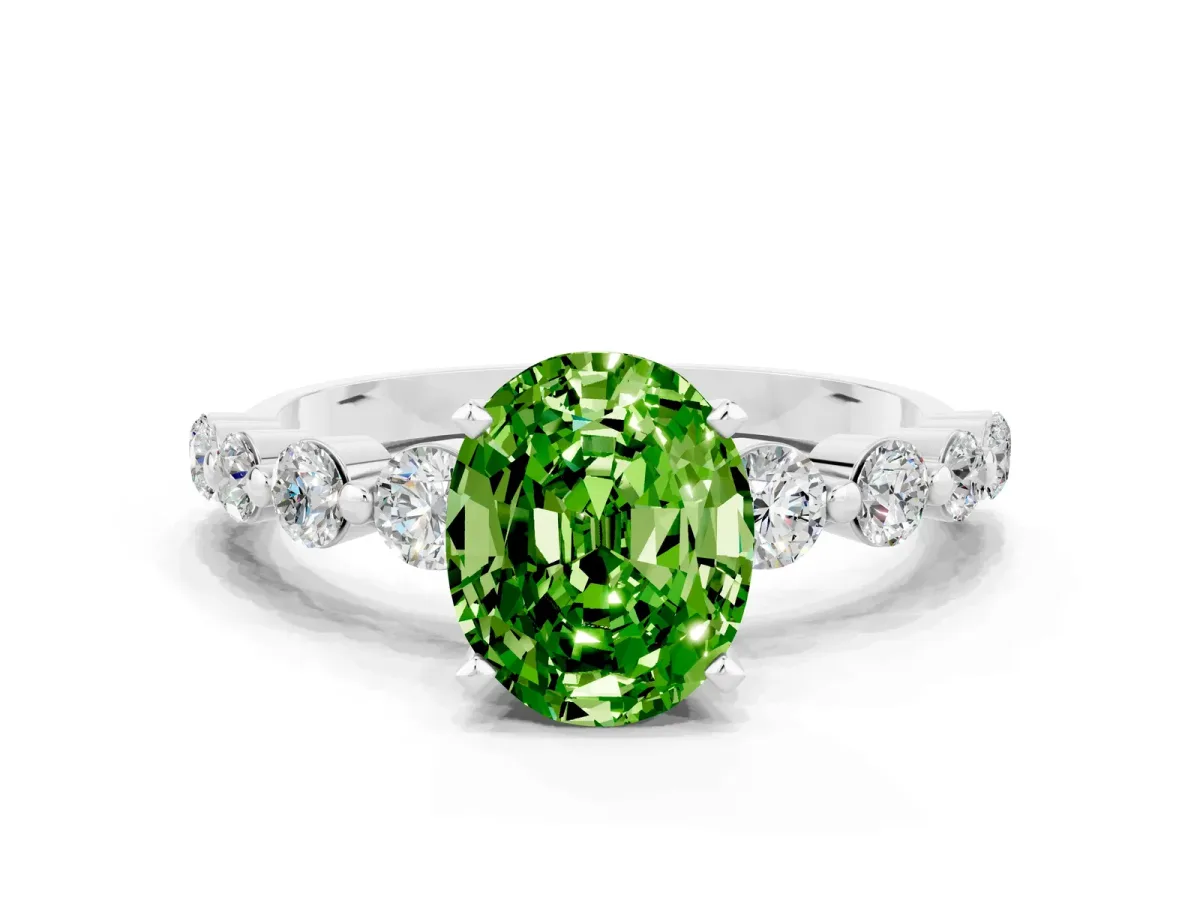 Oval Cut Solitaire Peridot Ring with Pave Band and Four-Prong Setting White gold