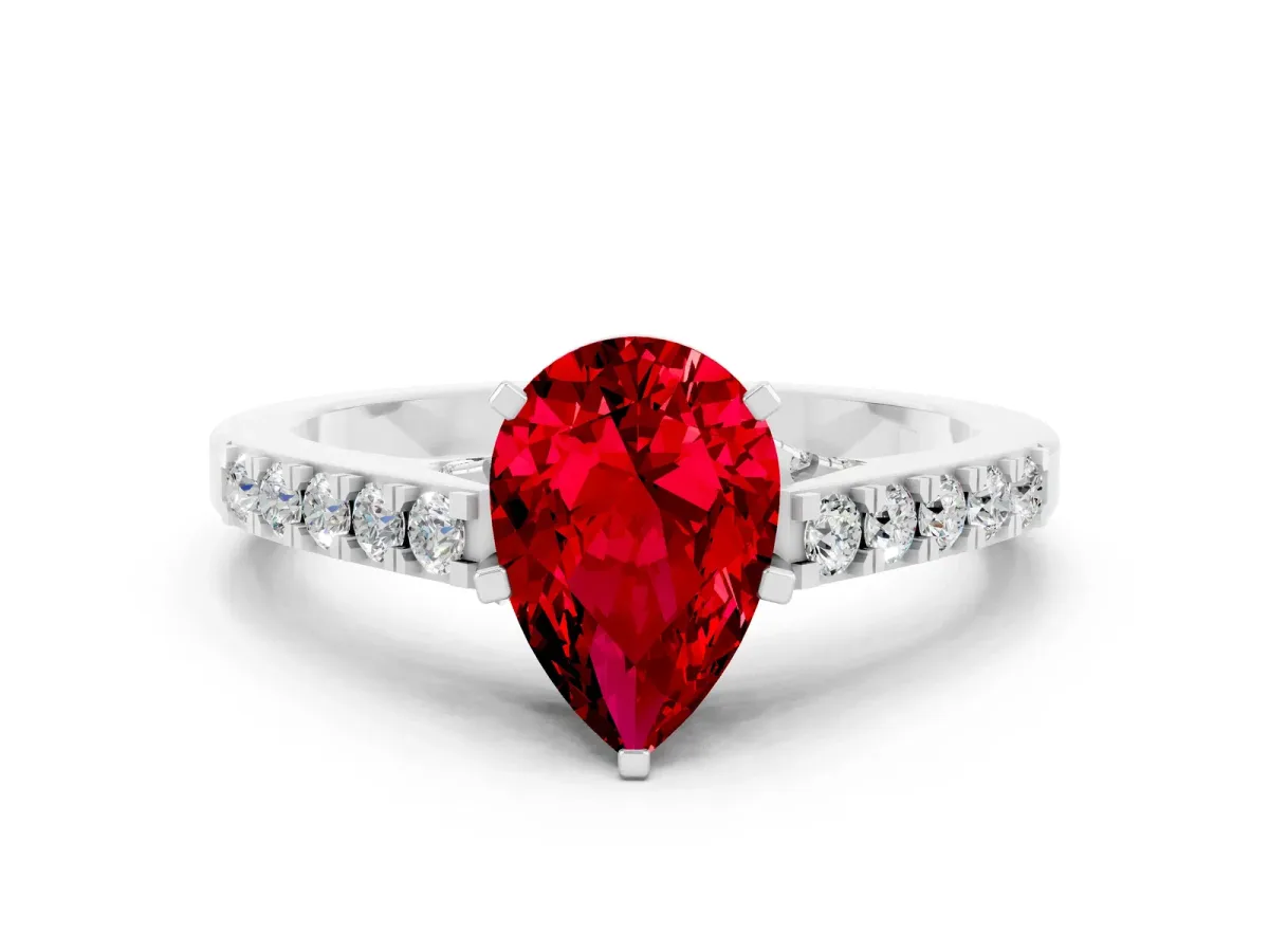 Pear Cut Ruby Solitaire Ring with Crossover Gallery and Round Pavé Band Platinum