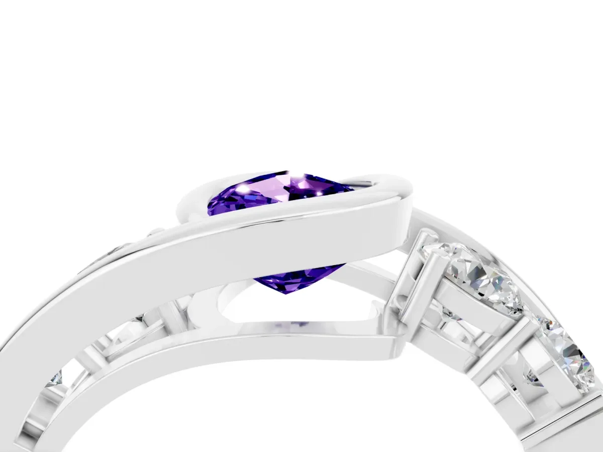 Bezel Set Pear Cut Tanzanite Bypass Ring with Round Accents Silver