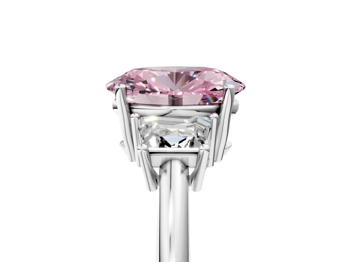 Fancy Pink Oval Cut Diamond Three-Stone Ring with Trapezoid Side Stones and Prong Setting Platinum