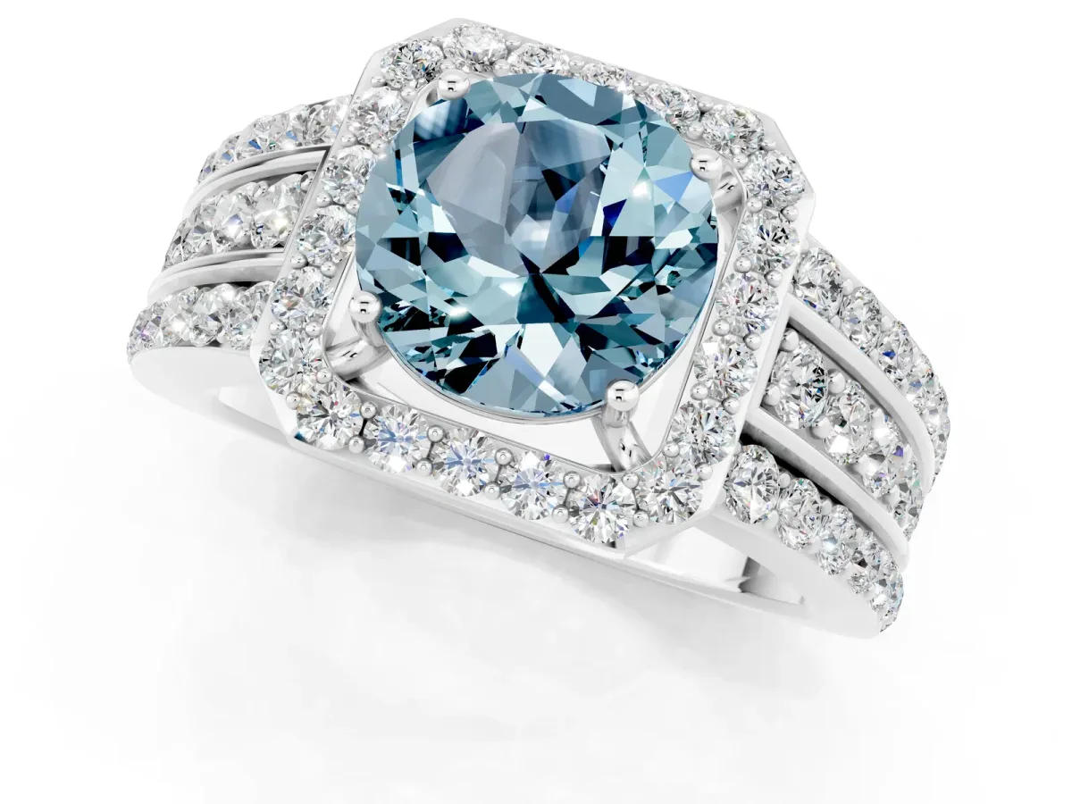 Round Cut Halo Aquamarine Ring with Round Split Shank and Prong Setting Platinum