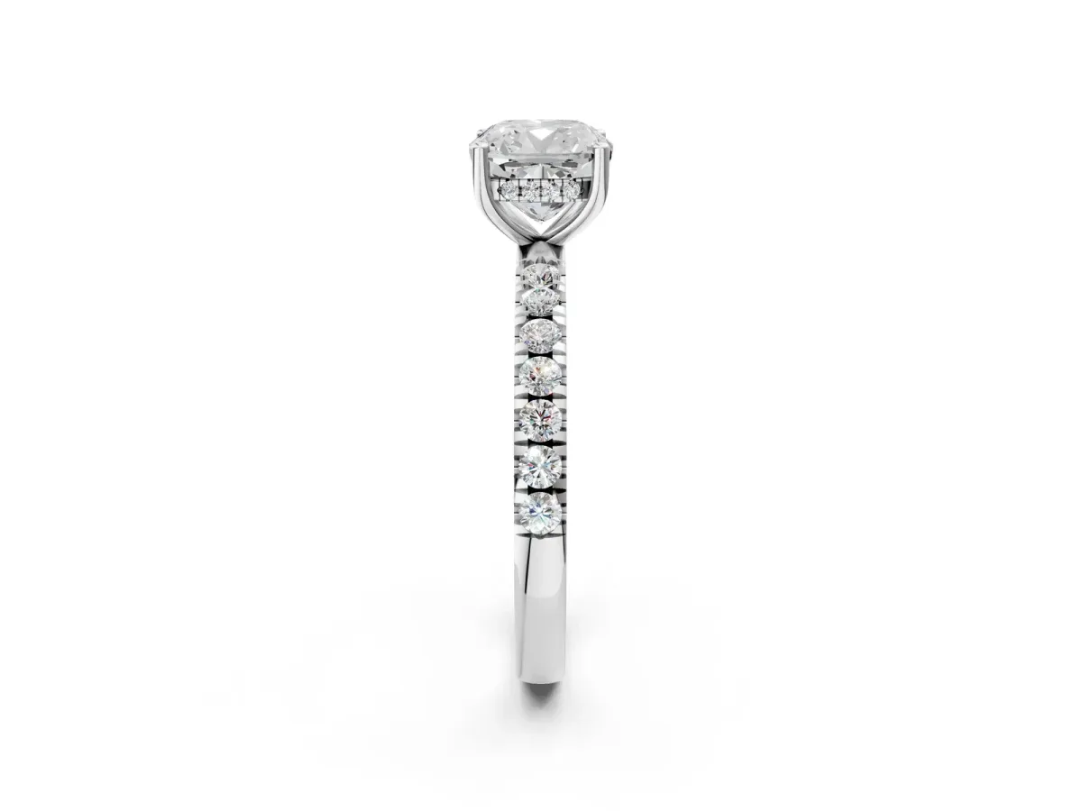 Cushion Cut Diamond Pave Band Solitaire Ring with Round and Prong Setting Platinum