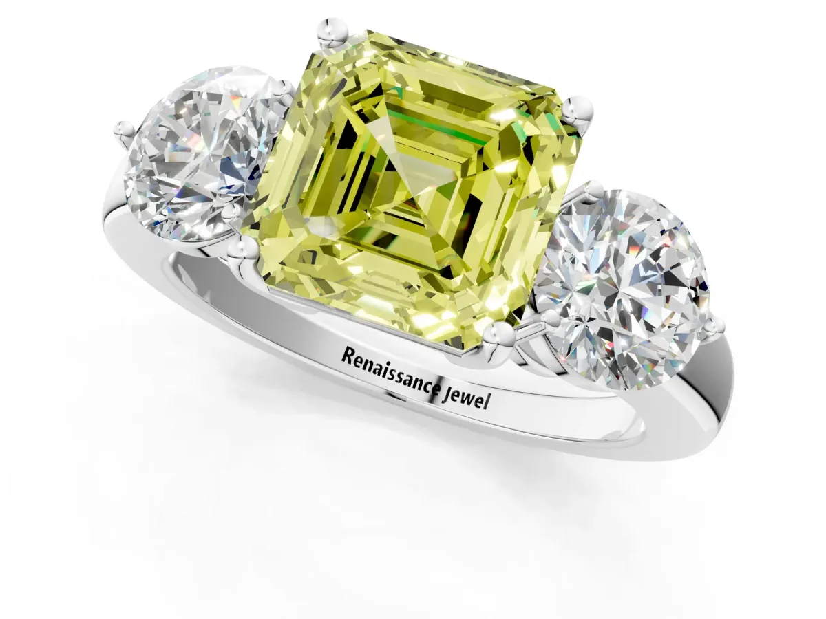 Fancy Yellow Asscher Cut Diamond Three-Stone Ring with Prong Setting and Classic Band Platinum