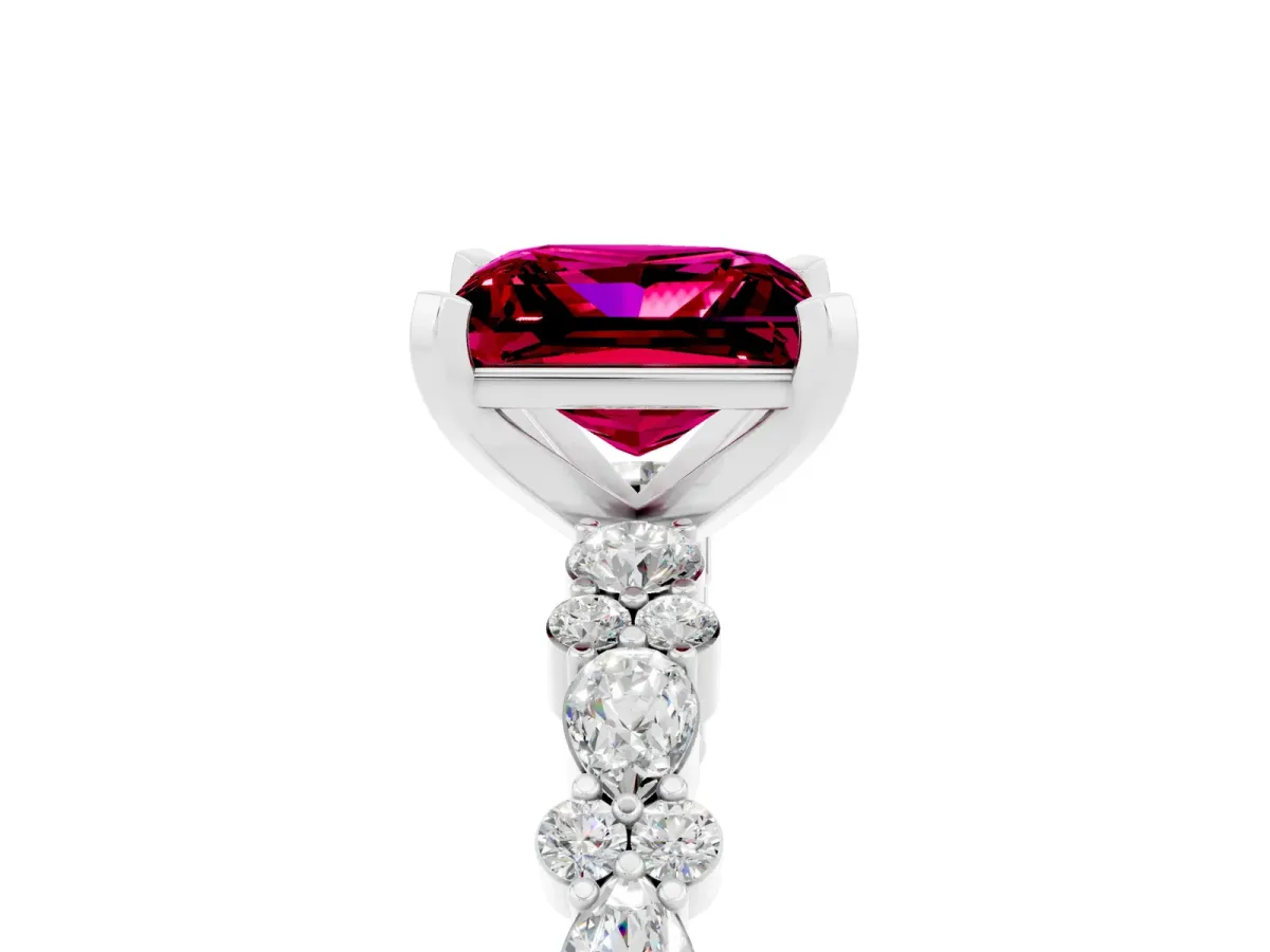 Princess Cut Garnet Side Stone Solitaire Ring with Round and Four-Prong Setting Silver