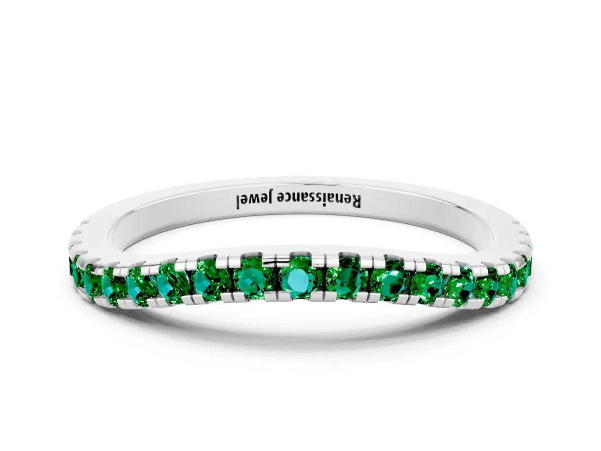 Round Emerald Pavé Half Eternity Band with Shared Prong Setting Platinum