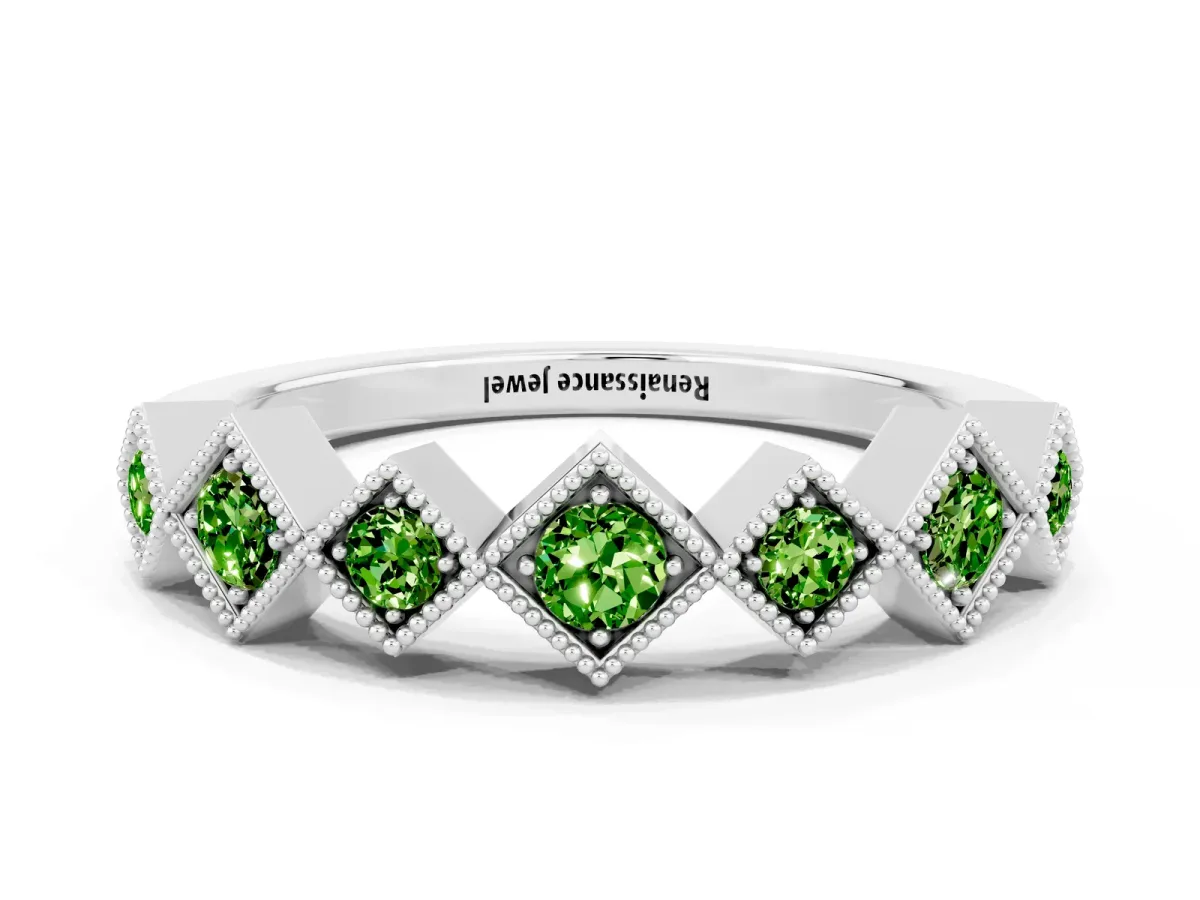 Milgrain Square Bezel Round Peridot Chevron Band Silver