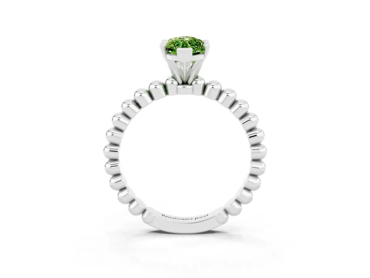 Marquise Cut Peridot Solitaire Ring with Beaded Band and Prong Setting Silver