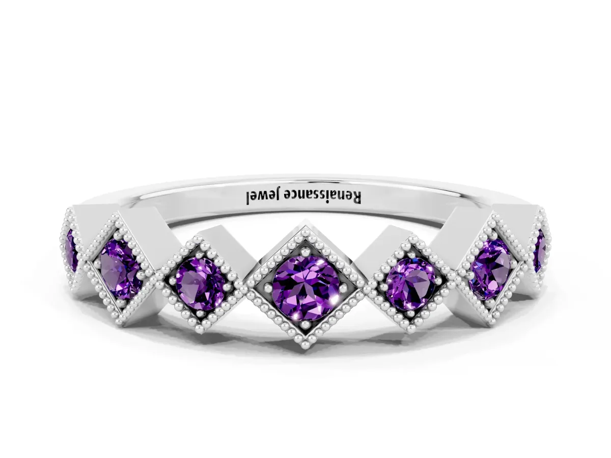 Milgrain Square Bezel Round Amethyst Chevron Band Platinum