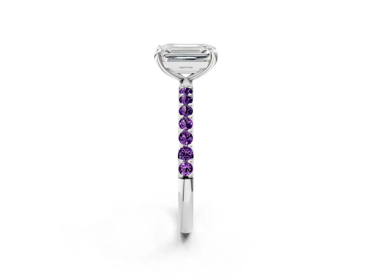 Emerald Cut Diamond Solitaire Ring with Round Amethyst Pavé Band and Prong Setting Platinum
