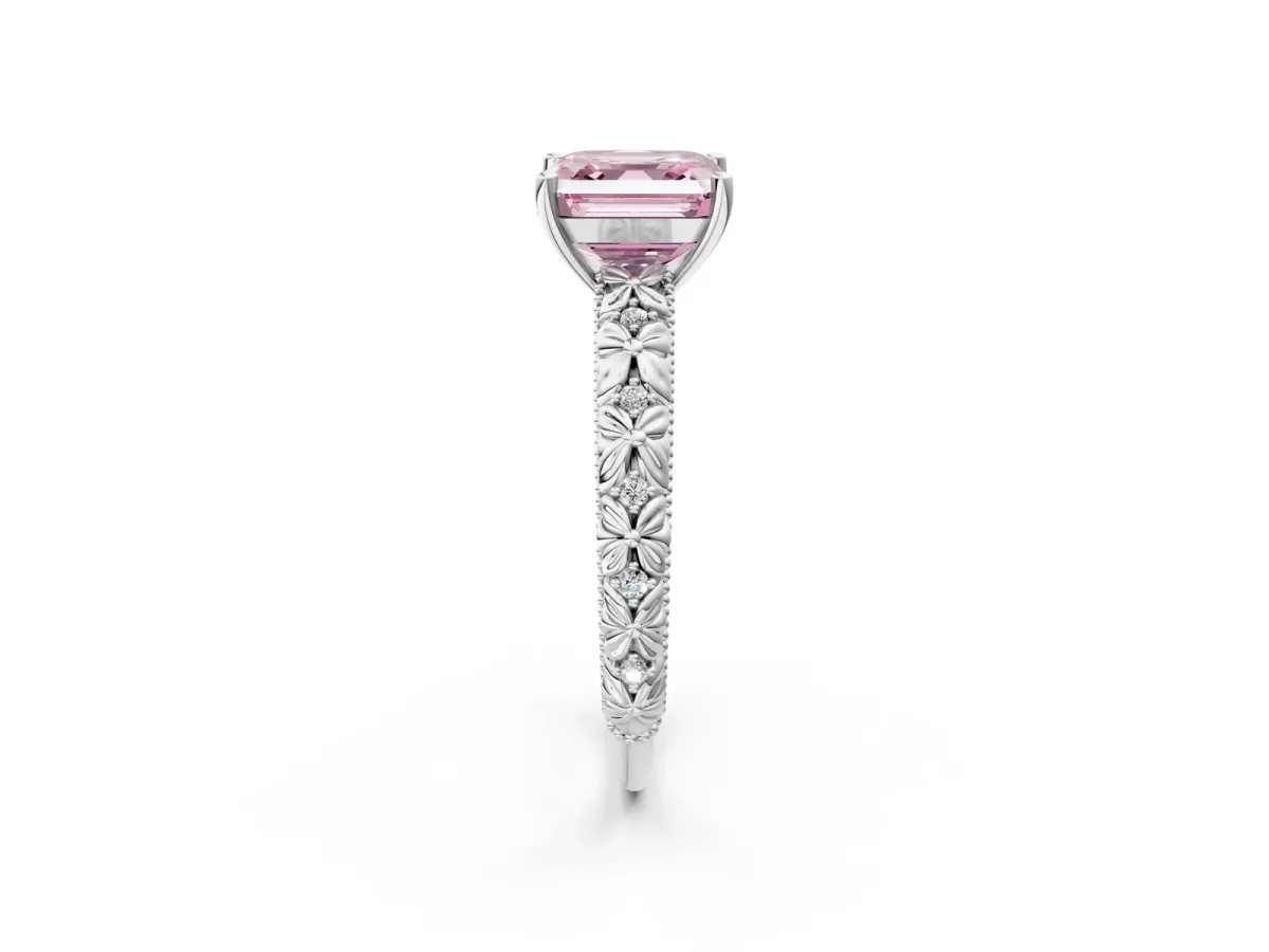 Fancy Pink Asscher Cut Solitaire Floral Milgrain Engagement Ring Platinum