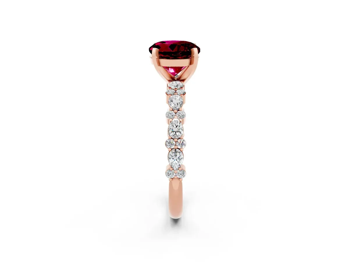 Round Cut Garnet Side Stone Solitaire Ring with Round and Four-Prong Setting Rose gold