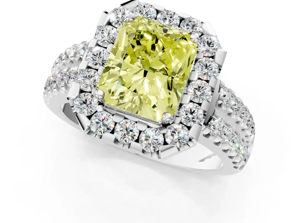 Fancy Yellow Radiant Cut Halo Diamond Split Shank Engagement Ring with Prong Setting Platinum