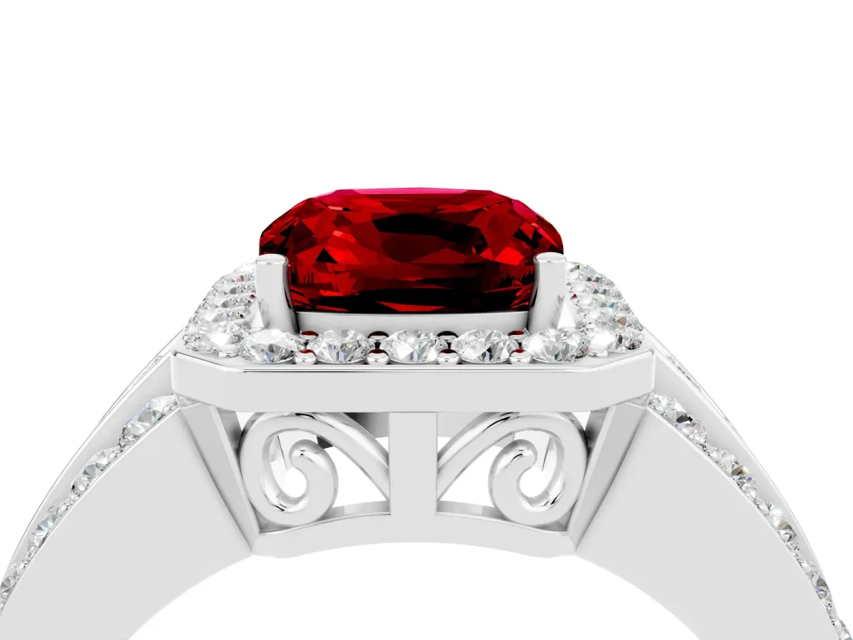 Cushion Cut Halo Ruby Ring with Round Split Shank and Prong Setting Platinum