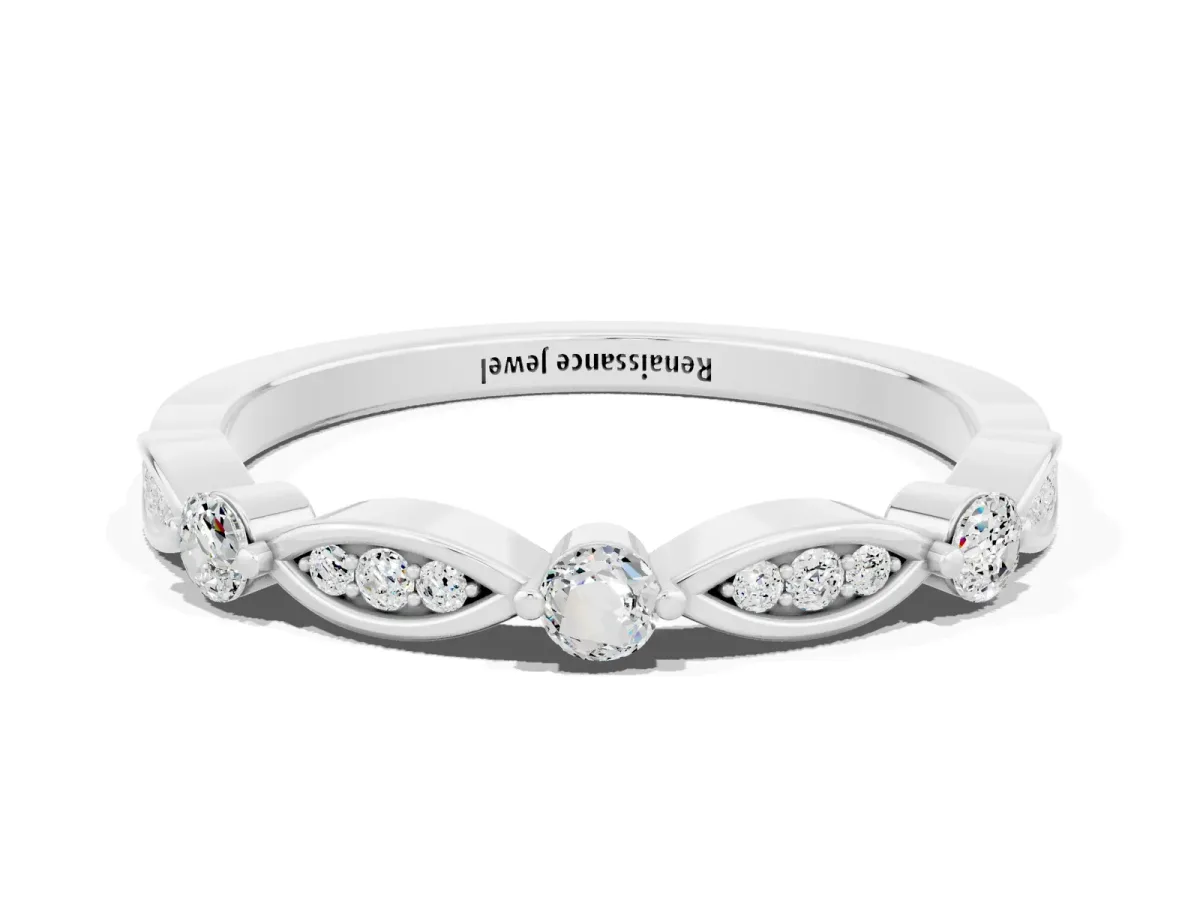 Marquise and Round Moissanite Milgrain Band with Bezel Setting Platinum