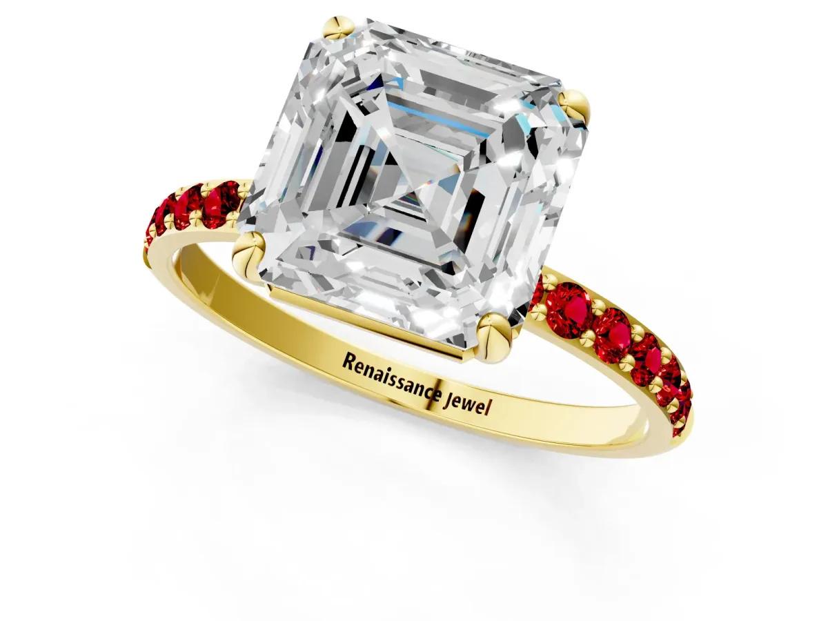 Asscher Cut Diamond Solitaire Ring with Round Ruby Pavé Band and Prong Setting Yellow gold