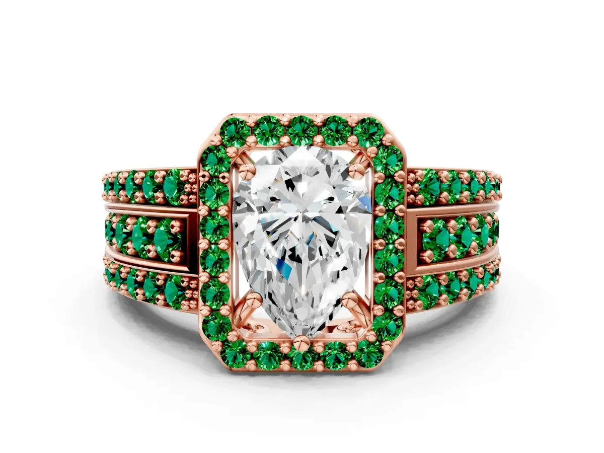 Pear Cut Halo Diamond Ring with Round Emerald Split Shank and Prong Setting Rose gold