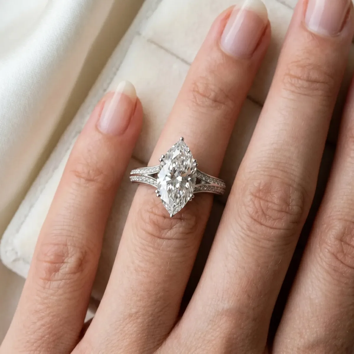 Marquise Cut Diamond Split Shank Engagement Ring with Pavé Band White gold